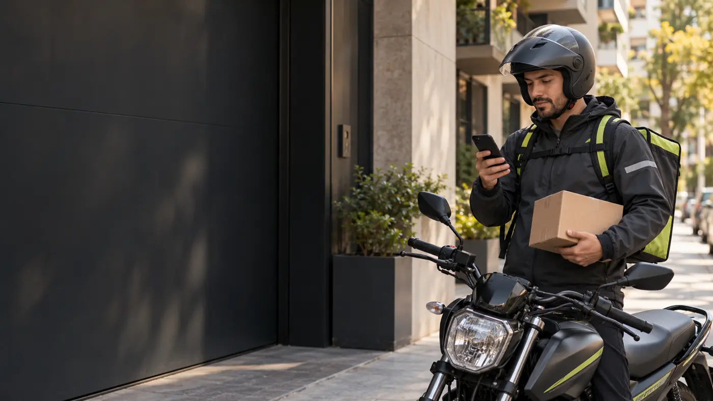 Repartidor en moto revisando su celular con un paquete en la mano